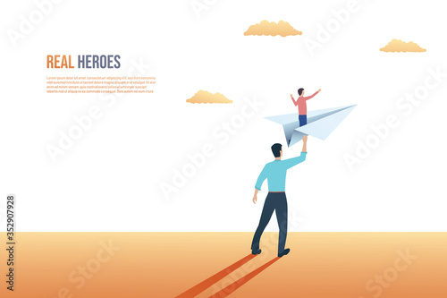 Father and son relationship vector concept. Father sending son on paper plane to future, giving hip support.