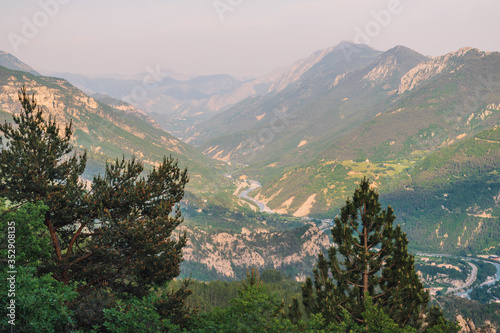 A picturesque landscape view of the valley of Var in the French Alps mountains during sunset  Puget-Theniers  Alpes-Maritimes  France 
