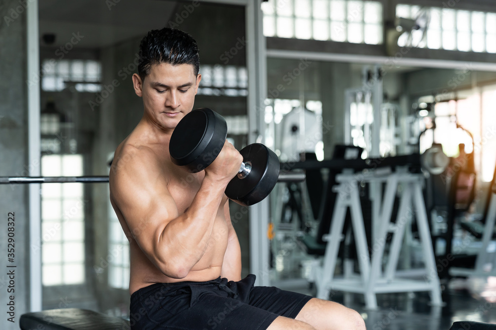 Handsome man with muscular lifting dumbbells in the fitness gym Handsome man with muscular lifting dumbbells in the fitness gym