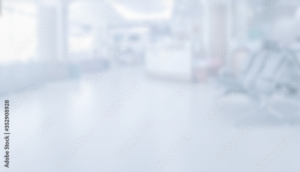 Fototapeta premium Abstract white blurred background bright light, interior modern hospital