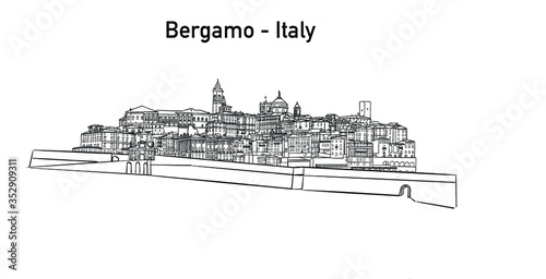 Black and white silhouette of the old town of Bergamo, Italy. Landscape at the ancient walls an Unesco Word Heritage. View of the historical buildings. Bergamo one of the beautiful city in Italy