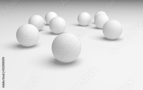 White abstract background. Set of white balls isolated on white backdrop. 3D illustration