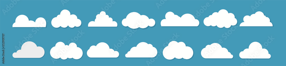 White clouds flat design set on blue background. Clip-art illustration