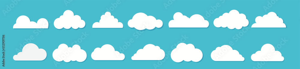 White clouds flat design set on blue background. Vector illustration
