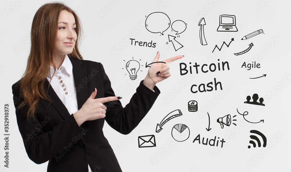 Business, technology, internet and network concept. Young businessman thinks over ideas to become successful: Bitcoin cash