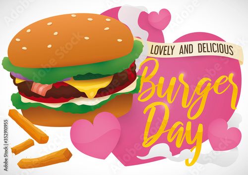 Delicious Cheeseburger with Fries and Hearts to Celebrate Burger Day, Vector Illustration