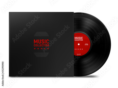 Realistic vinyl record with cover mockup. Music collection. Vinyl design Vector illustration