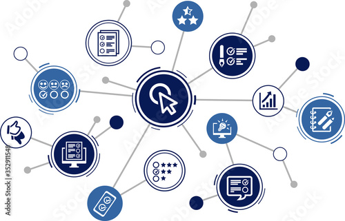 survey / feedback vector illustration. Concept with connected icons related to online evaluation, questionnaire, different rating options or customer satisfaction.