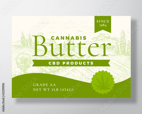 Cannabis CBD Butter Label Template. Abstract Vector Packaging Design Layout. Modern Typography Banner with Hand Drawn Green Hemp Leaf and Rural Landscape Background.