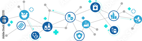 medication / medicine vector illustration. Concept with connected icons related to pharmaceutical drug, pill, antibiotic, capsule, supplement or prescription – medical treatment product.