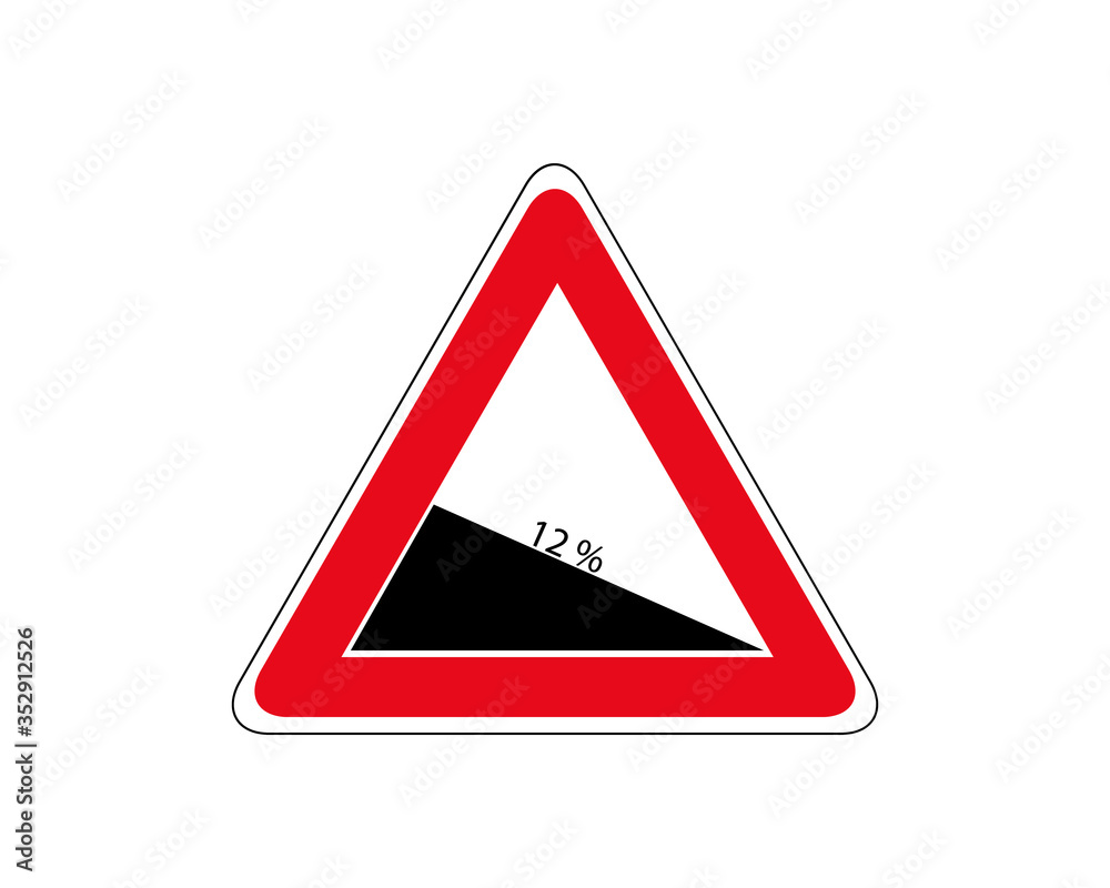 Traffic-Road Sign of Steep Road on White, warning sign about decline of 12 Percent. Traffic-Road Sign of Steep Road on White, warning sign about decline of 12 Percent.