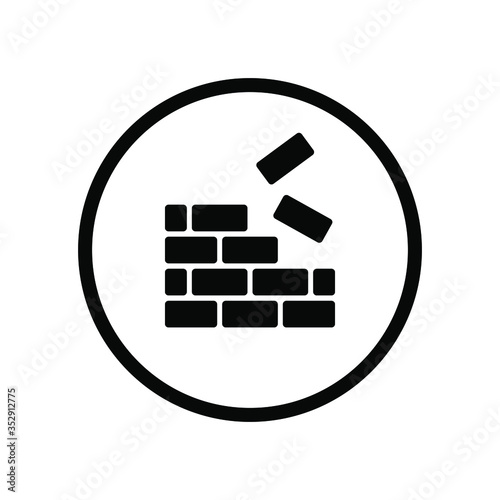 Black round simple careful under construction brick icon, vector flat design building up brickwall industry material warning interface element for app ui ux web button isolated on white background