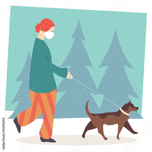 Dog walker during coronavirus quarantine. Woman walking a dog in white medical mask, trees in background. Concept of quarantine activity. Vector illustration on transparent background.