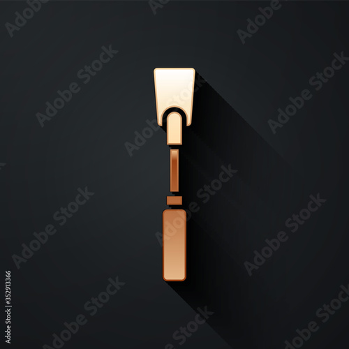Gold Leather whip icon isolated on black background. Fetish accessory. Sex toy for adult. Long shadow style. Vector.