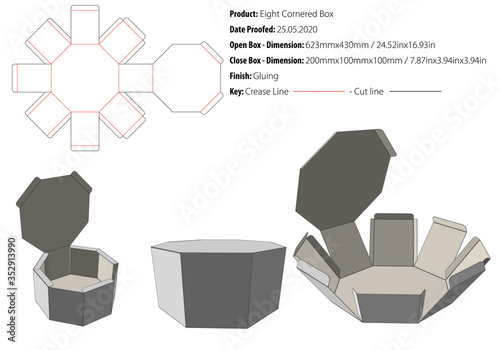  Eight cornered base box - locking flaps with fold-over ends expansion packaging design template gluing die cut - vector