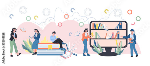Online library, internet book shop and distance education banner with people among books and bookshelves. Educational courses and schooling computer internet technology. Flat vector illustration.