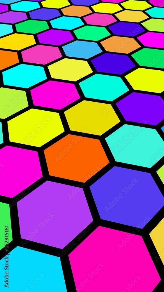Honeycomb multi-colored. Perspective view on polygon look like honeycomb. Isometric geometry. 3D illustration Honeycomb multi-colored. Perspective view on polygon look like honeycomb. Isometric geometry. 3D illustration