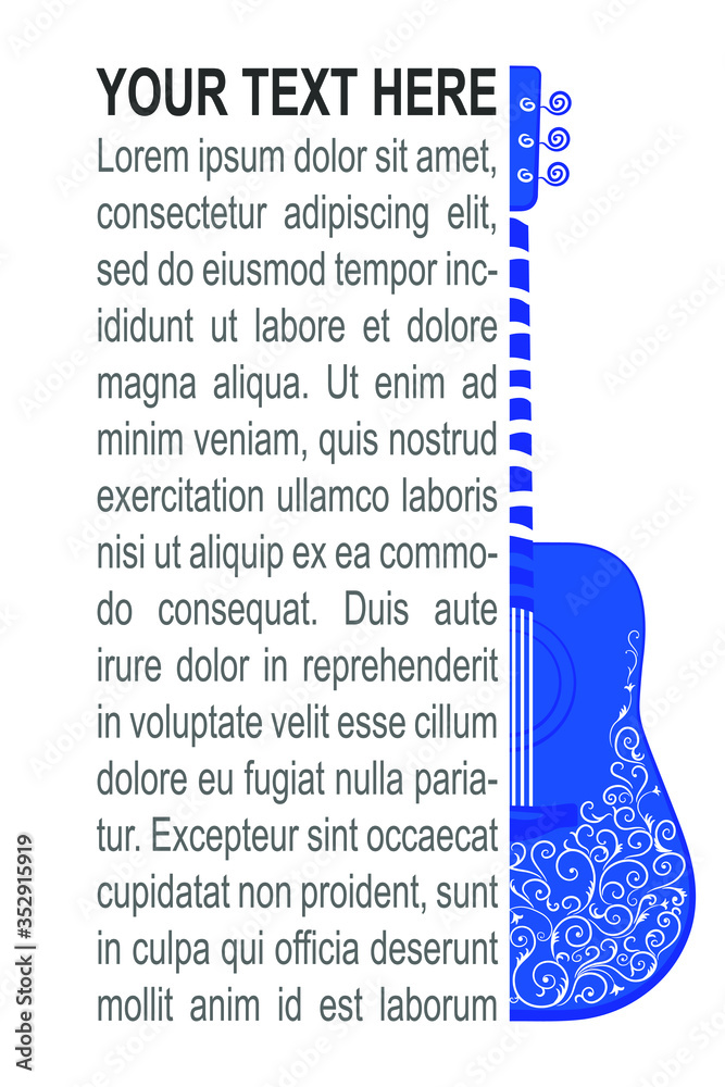 Colorful ornamented guitar on white background. Decorative greeting card, invitation, flyer. Vector illustration