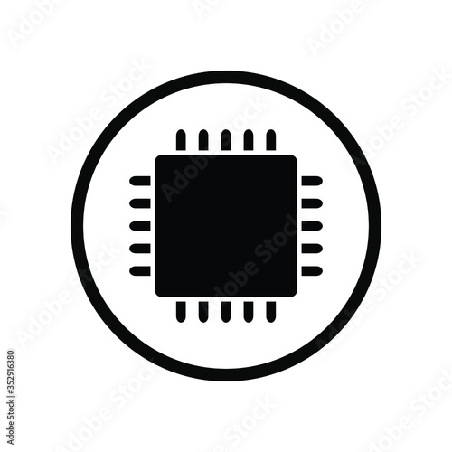 Black round single macro cpu chip icon, simple central digital data microprocessor flat design pictogram concept vector for app web banner button ui ux interface elements isolated on white background