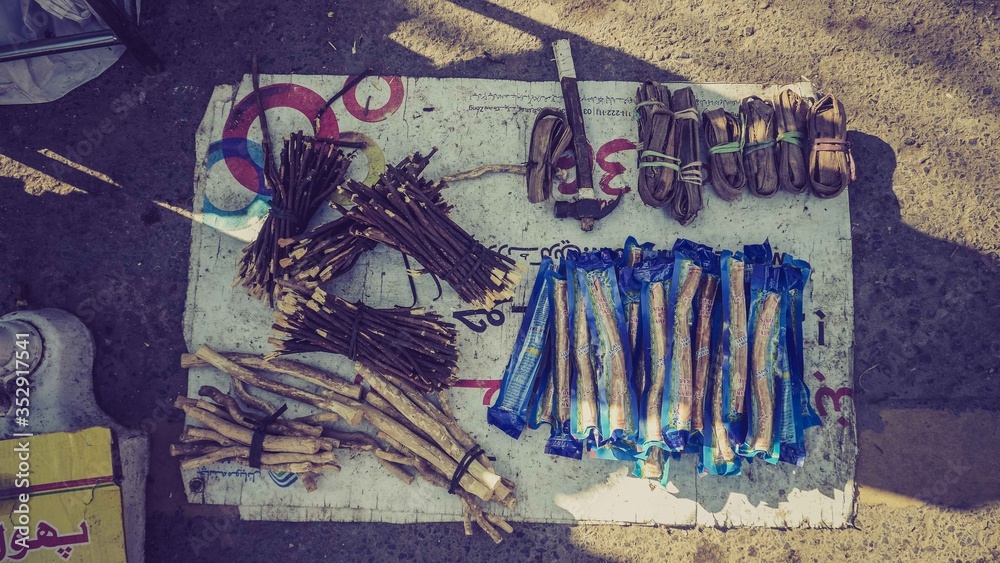 Fototapeta premium A stacks of sticks and in plastics