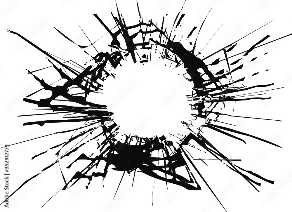 Broken glass, cracks, bullet marks on glass. High resolution. Texture glass with black hole. Transparent background