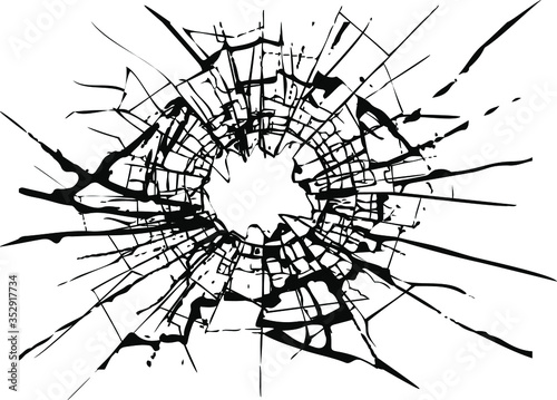 Broken glass, cracks, bullet marks on glass. High resolution. Texture glass with black hole. Transparent background