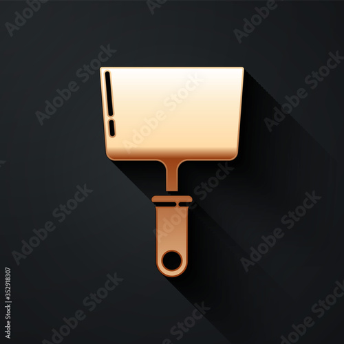 Gold Putty knife icon isolated on black background. Spatula repair tool. Spackling or paint instruments. Long shadow style. Vector.