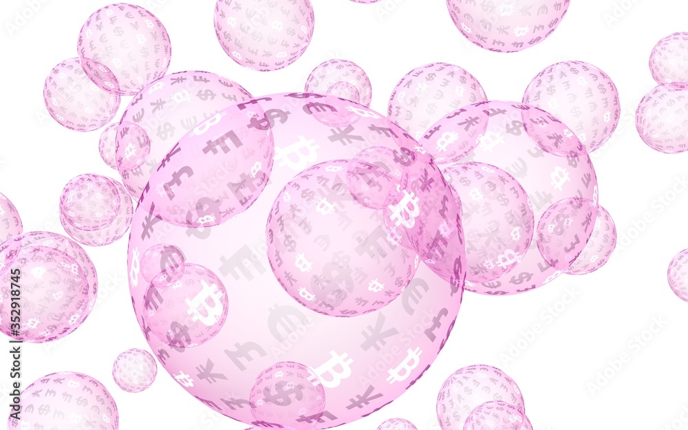 Bitcoin economic financial bubble. crypto currency 3D illustration. Business concept. Pink bubbles on white background. Bit, Coin, mining concept