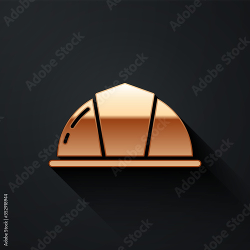 Gold Worker safety helmet icon isolated on black background. Long shadow style. Vector.