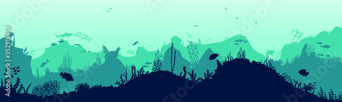 Marine underwater background. The bottom of the ocean with algae. Vector nautical scene. . Deep blue water, coral reef and underwater plants. beautiful underwater scene with fish; vector 