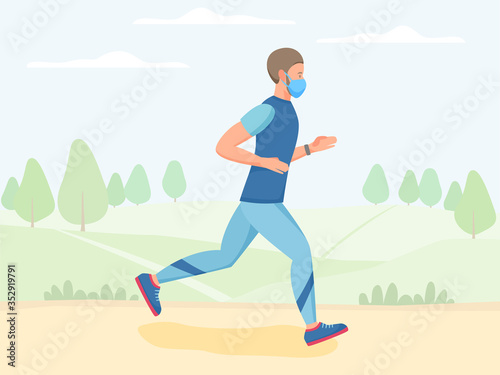 Men in mask running outdoor, jogging and training in park, physical activity outdoors, flat vector illustration