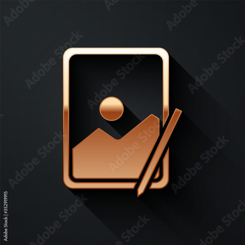 Gold Graphic tablet icon isolated on black background. Long shadow style. Vector.