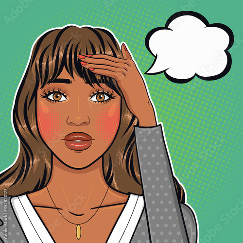 Pop art stressed african american businesswoman holding her head with her hand with thinking bubble, vector illustration in retro comic style