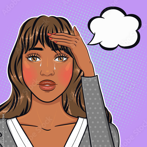Crying african american business woman holding her head and thinking, headache and stress concept vector illustration in pop art retro comic style