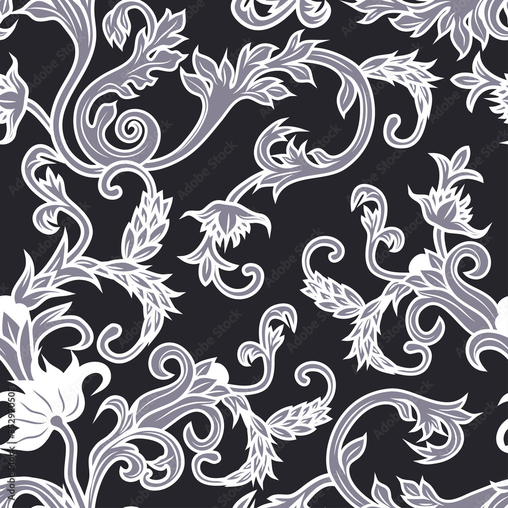 .Seamless frolar pattern with baroque elements. Vector vintage illustration. Victorian, baroque, renaissance style. .