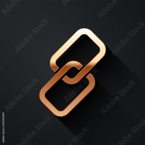 Gold Chain link icon isolated on black background. Link single. Long shadow style. Vector.