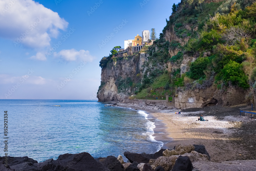 Marina d'Aequa beach in the background the Church of the Santissima Annunziata in Vico Equense Amalfi Coast Naples Italy