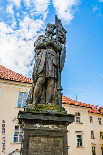 Statue of Wenceslaus I, decoration on the south side of Charles Bridge over the river Vltava in Prague, Czech Republic