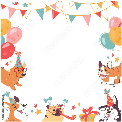 Festive frame with cute dogs  welsh corgi  shepherd  labrador  pug  bulldog. Birthday party with cake and balls in cartoon style. Dog isolated on white  vector illustration.