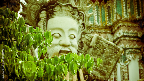 Face of a statue next to leaves