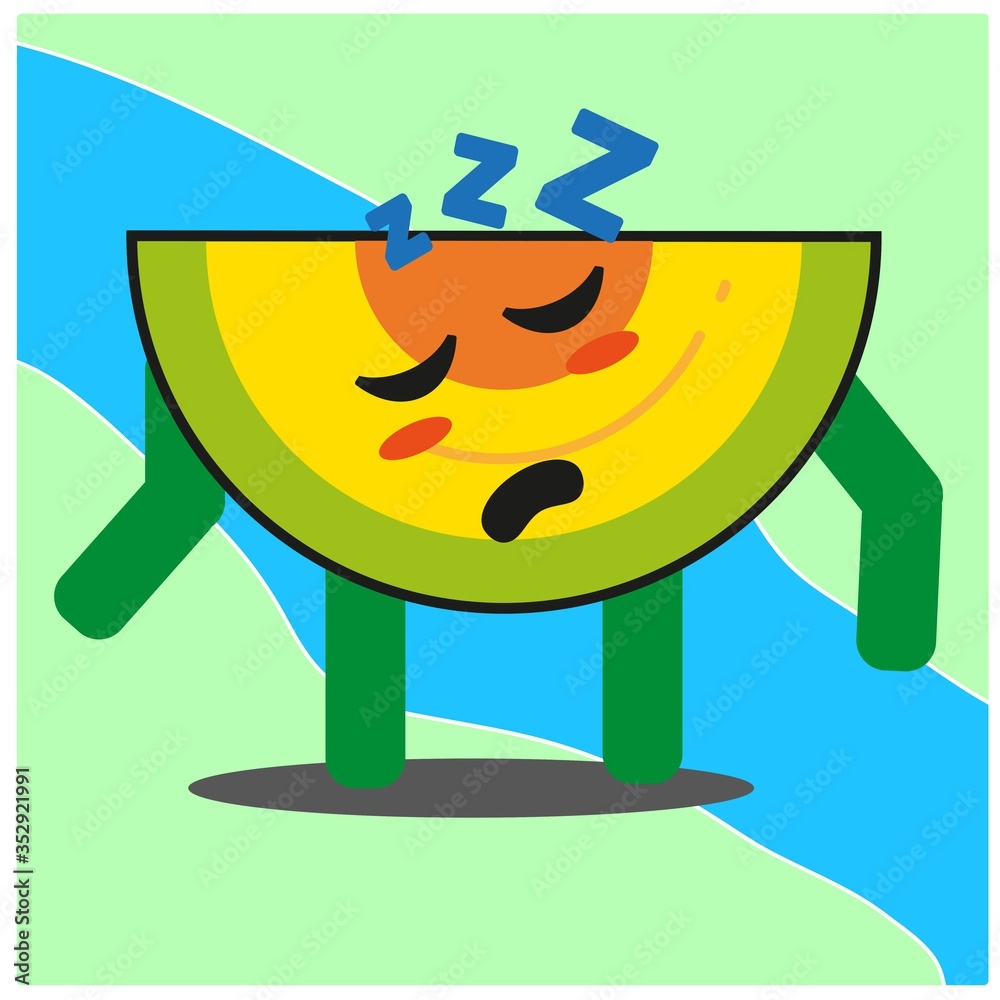 Cute slice of melonfruit cartoon face mascot character with hand and leg vector design