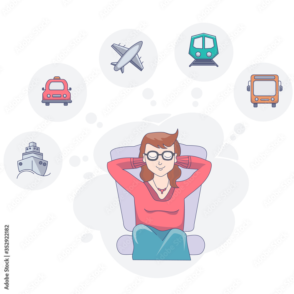 A girl sits with her eyes closed resting and dreaming of a journey on a light background. Above it are clouds with drawings of transport. Vector drawing
