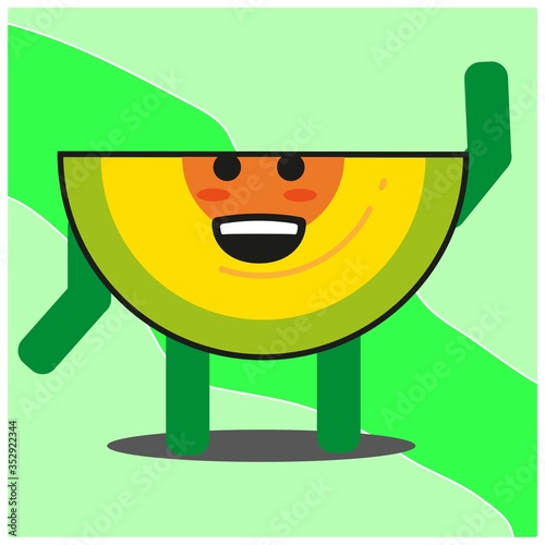 Cute slice of melonfruit cartoon face mascot character with hand and leg vector design