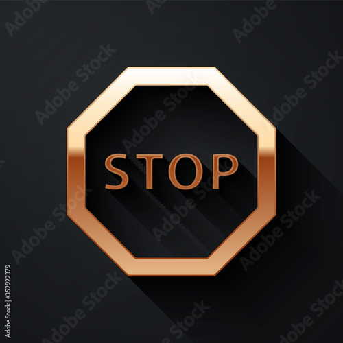 Gold Stop sign icon isolated on black background. Traffic regulatory warning stop symbol. Long shadow style. Vector.
