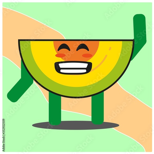 Cute slice of melonfruit cartoon face mascot character with hand and leg vector design