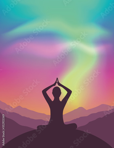peaceful meditation on mountain view with beautiful polar lights in colorful sky vector illustration EPS10