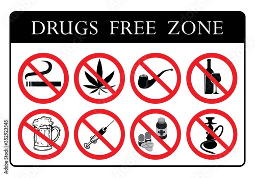 Drugs Free Zone Board. No Drugs Prohibition Sign collection. No Smoking, No Marijuana, No tobacco pipe, No alcohol, No Beer, No pills sign, No Hookah icons collection drawing by illustration