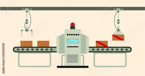 Conveyor assembly line in outline style. Automatic production line concept. Industrial mass production conveyor. Vector illustration