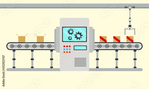 Conveyor assembly line in outline style. Automatic production line concept. Industrial mass production conveyor. Vector illustration