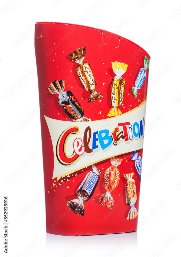 LONDON, UK - OCTOBER 10, 2019: Gift of Celebrations mix chocolate candies on white background. Mars, Snickers, Bounty, Milky Way, Galaxy, Stock Photo | Adobe Stock